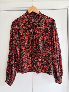 Zara Black and Red Floral Bow-Tie Blouse